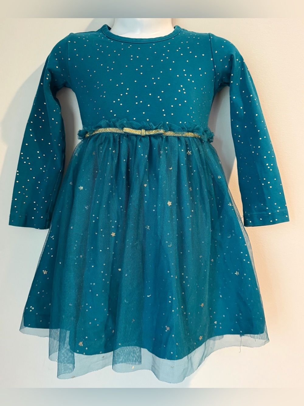 Hanna Andersson Shimmer Star Tulle Dress Teal Green w Gold Girls Size 3T
